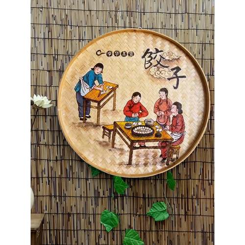 手绘竹编簸箕装饰画餐馆墙面挂饰墙上墙壁挂件饺子面米粉壁饰墙饰