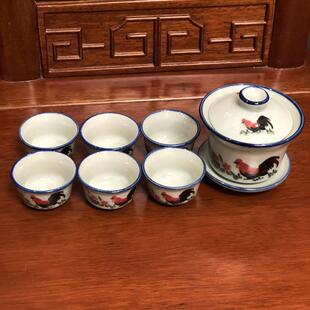 覆古风格瓷器青花瓷功夫茶具套组陶瓷鸡公茶碗茶杯公鸡家用泡茶壶
