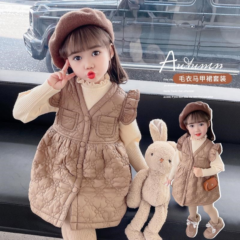女童秋冬季连衣裙儿n童韩版洋气冬装女宝宝毛衣马甲裙加绒保暖套