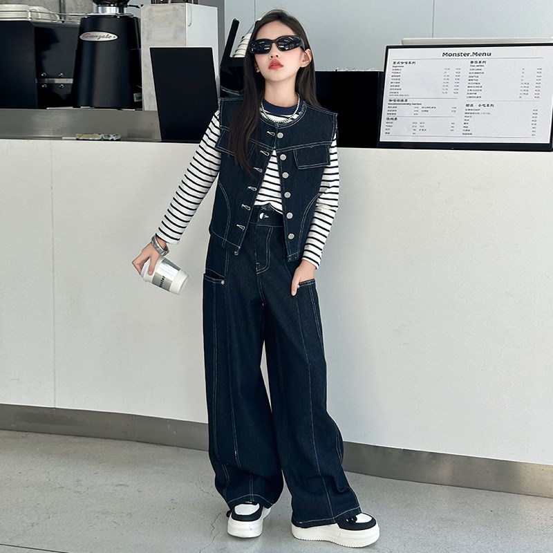女童牛仔马甲3件套2024新款秋A装长袖T恤打底衫直筒长裤休闲韩版