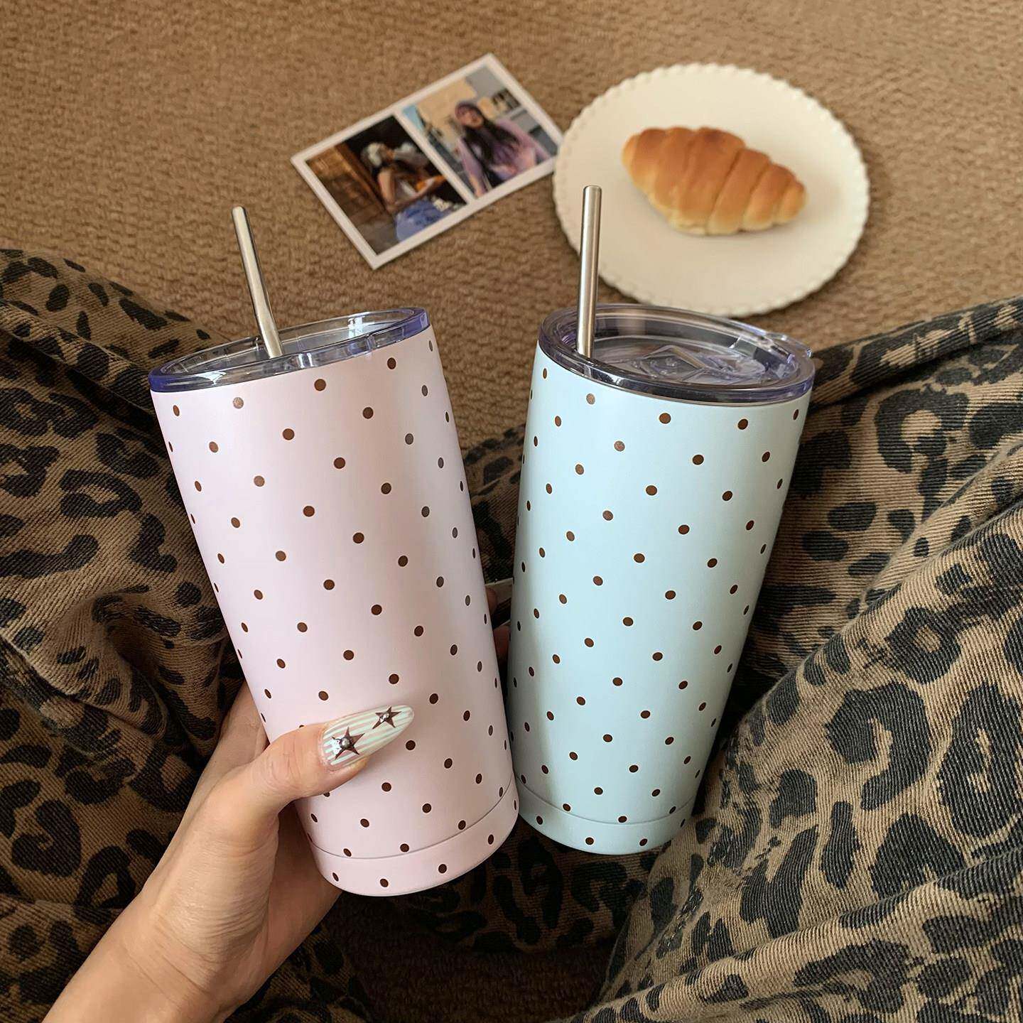 可爱奶油波点保温杯女高颜值带吸管水杯少女心学生可携式水杯大容