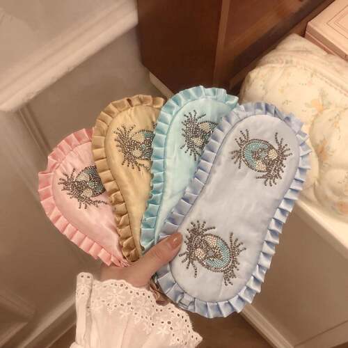 高颜值水钻烫钻眼罩仿真丝花边冰丝旅行午休遮光睡眠专用眼罩