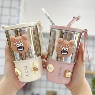 轻奢镜面保温杯ins风高颜值咖啡杯带吸管便携办公室水杯女网红杯