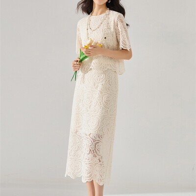 25清仓法式赫本风棉柔镂空蕾丝通勤优雅套装上衣15600半身裙15601