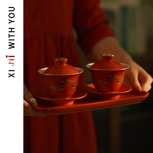 喜霓比翼连理结婚敬茶杯一对红色陶瓷送新人陪嫁改口敬酒喜杯套装