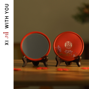 喜霓比翼连理结婚新人陪嫁镜子一对陶瓷红色圆镜便携补妆化妆镜子