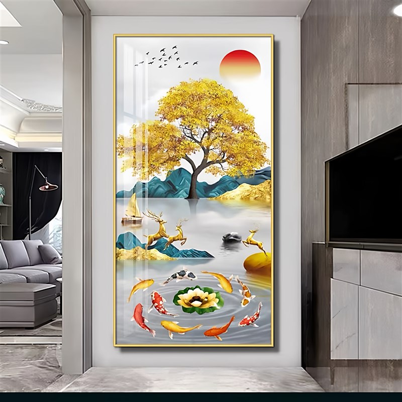轻奢九鱼图钻石画2025新款满钻玄关竖版粘钻十字绣钻石绣入户风景