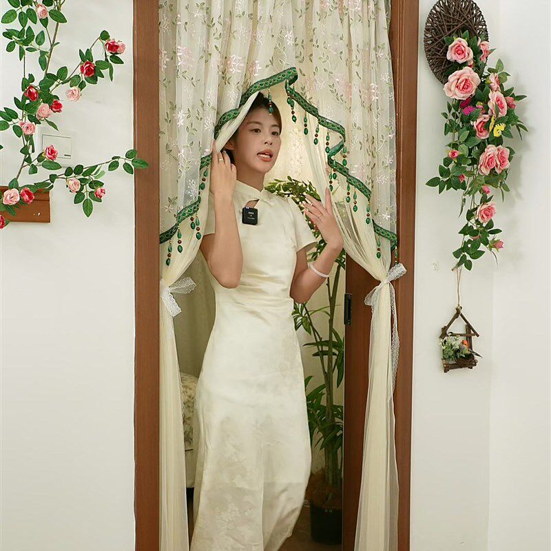 双层纱吊坠门帘法式氛围感卧室防蚊隐私纱帘蕾丝绣花纱吊珠免钉帘