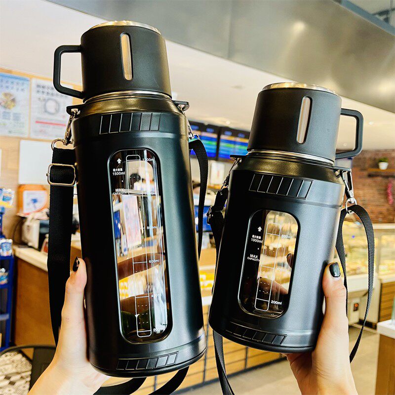双层刻度玻璃杯男士大容量2000ml水壶户外便携泡茶杯子1000ml水杯