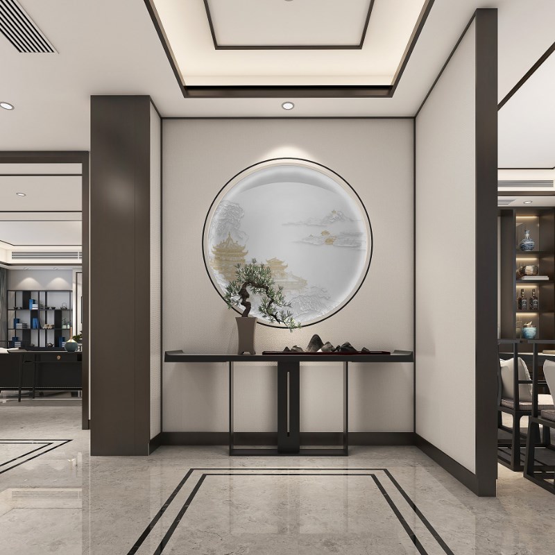 新中式圆形装饰画餐厅走廊过道玄关3d立体浮雕客厅壁画画芯壁纸8d