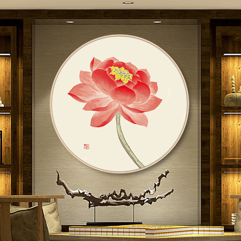 观音心经装饰画金色实木框圆形莲花设计新中式风格客厅挂画