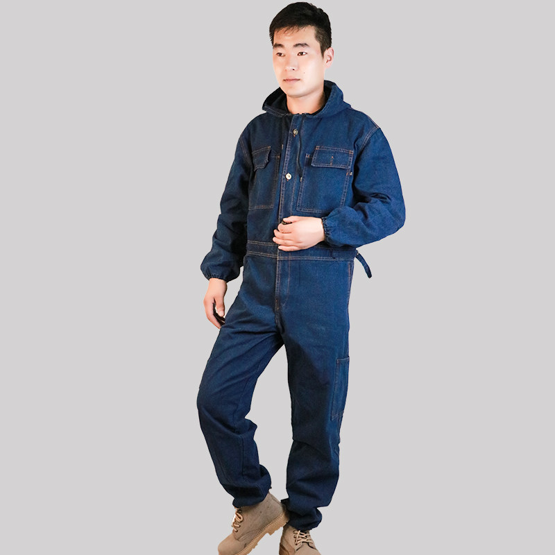 连体工作服牛仔加厚带帽防尘服工装机修喷漆防污无尘服连体劳保服
