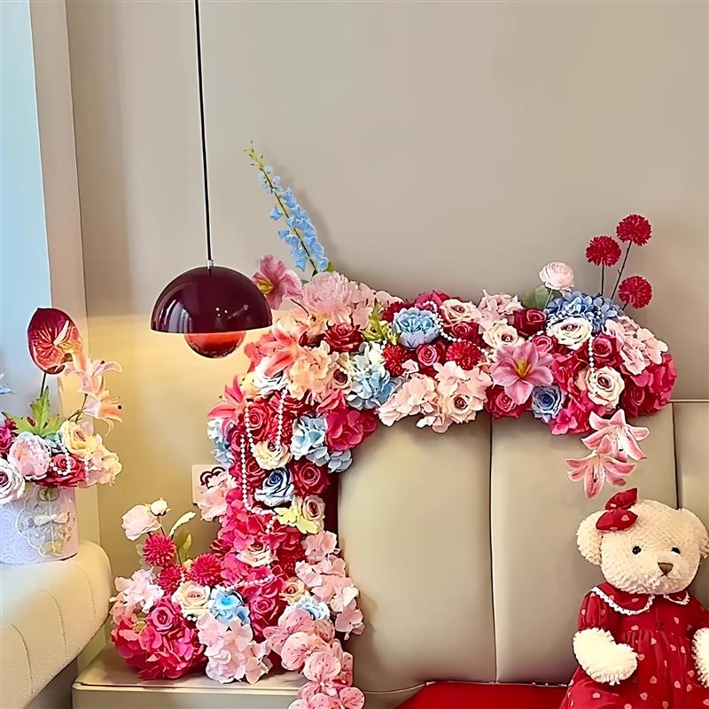 婚房氛围感布置结婚套装拉花装饰仿真花排女方卧室床头喜字蝴蝶结