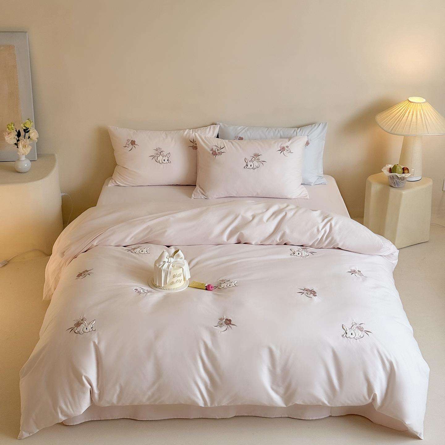 少女心粉色全棉磨毛绣花四件套秋冬加厚保暖纯棉床品套件床单床笠