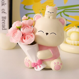 酒柜桌面书房插花工艺品装饰摆件奶油风亲子熊捧花家居树脂摆件