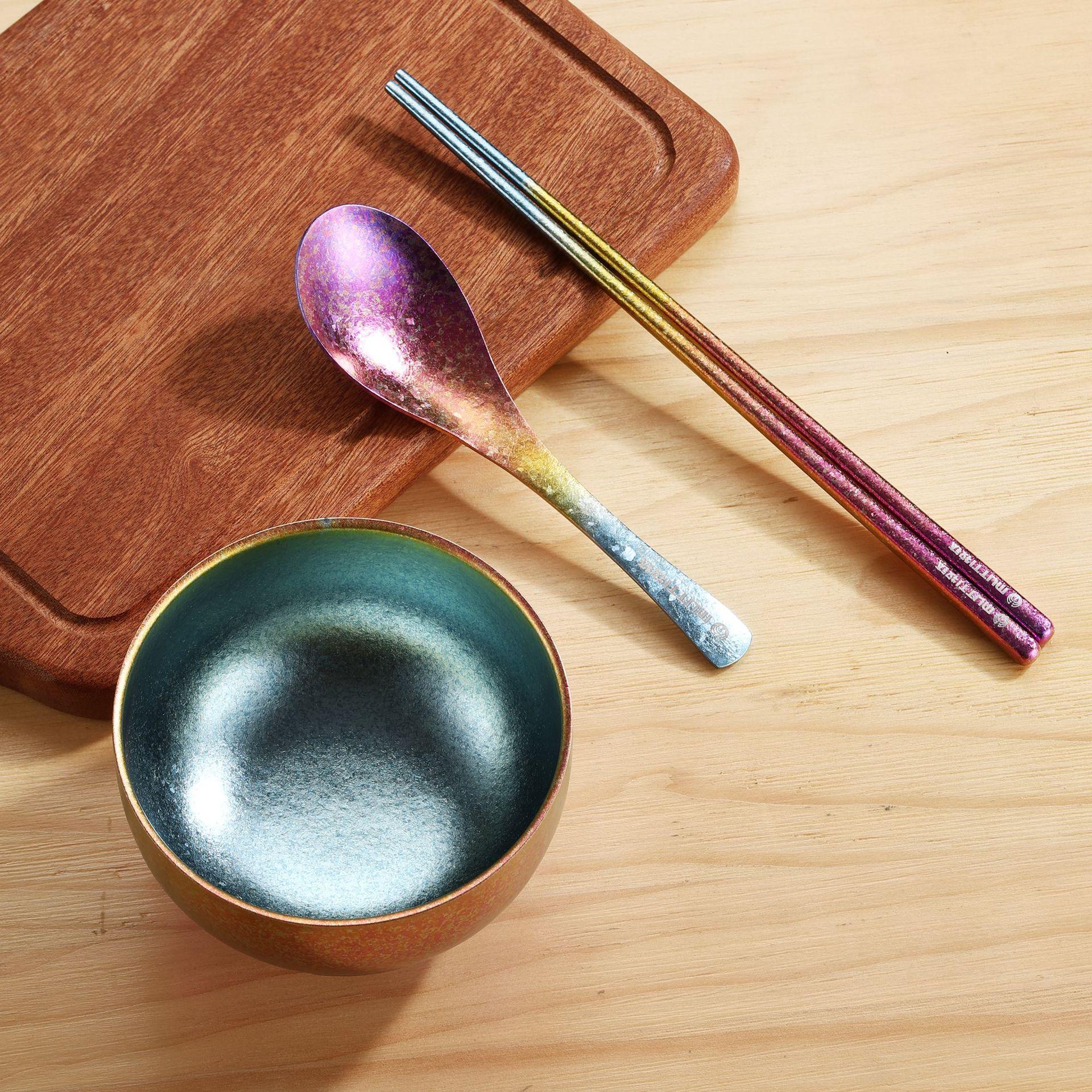 牧钛Mutti纯钛冰花炫彩筷子勺子叉子杯子餐具套组送礼户外露野营