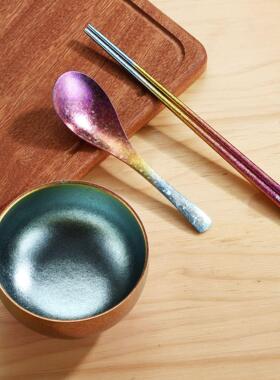 牧钛Mutti纯钛冰花炫彩筷子勺子餐具套装家用组合纯钛碗筷