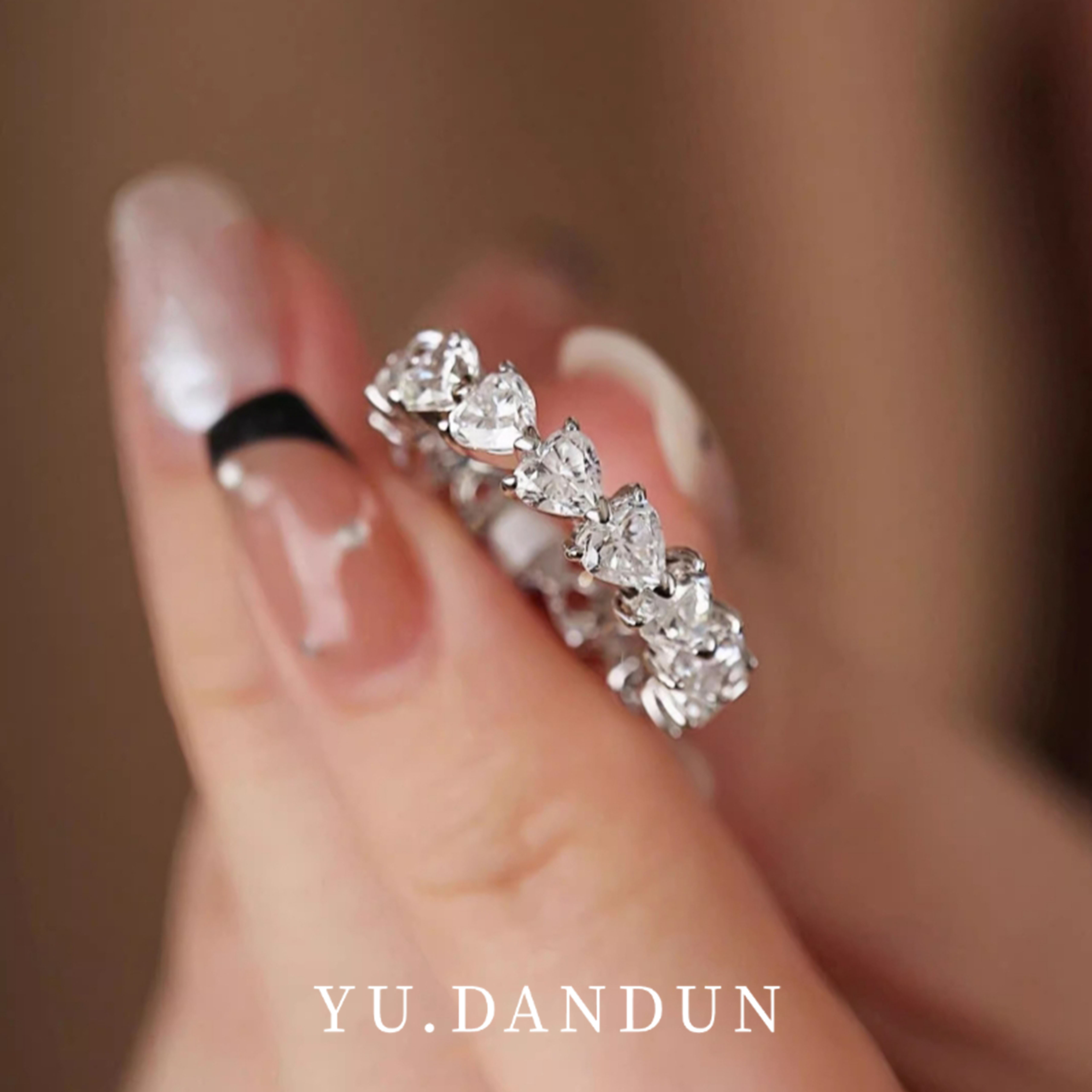 YUDANDUN莫桑戒指爱心钻排钻戒指异形心形钻镶嵌百搭高级个性设计