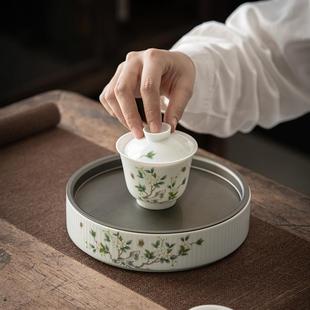 手绘壶承锡盖双层蓄水茶盘创意简约功夫茶具干泡盘礼品