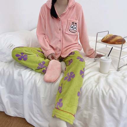 海绵宝宝珊瑚绒睡衣情侣冬季女可爱保暖加厚法兰绒男士家居服套装