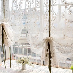 花海毛线绣升降提拉帘 田园清新成品扇形罗马帘气球帘飘窗窗帘纱