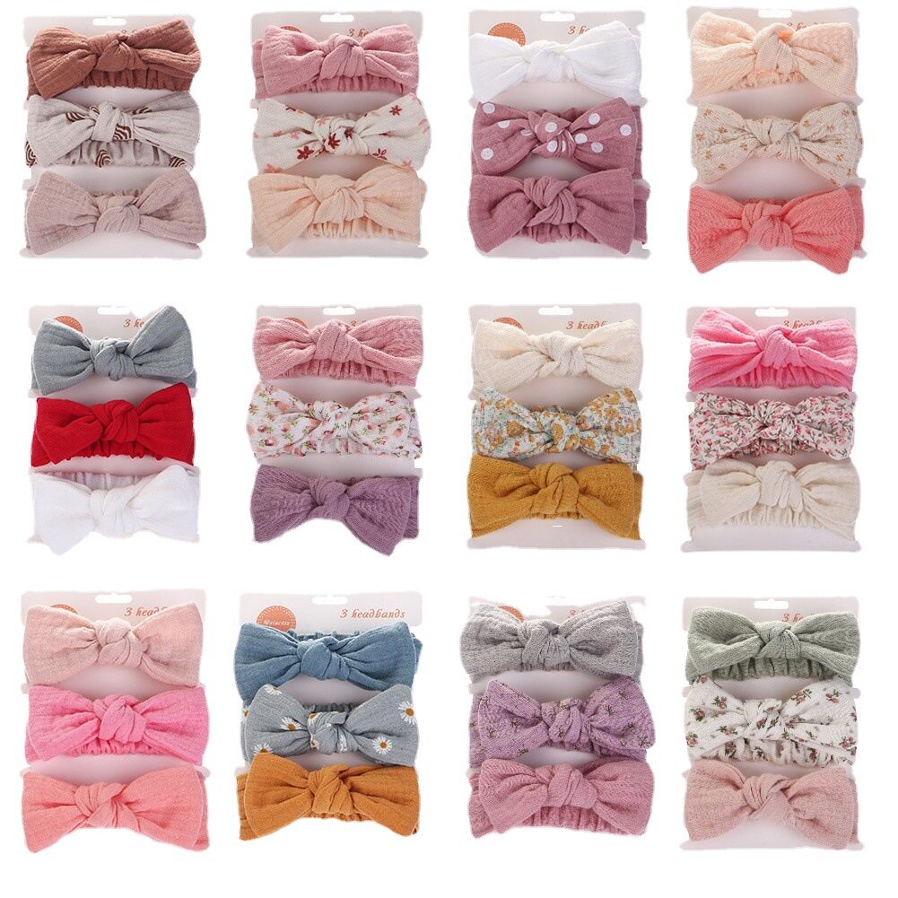 跨境婴儿兔耳朵发饰 DIY儿童甜美蝴蝶结头带邹布棉发带三件套装