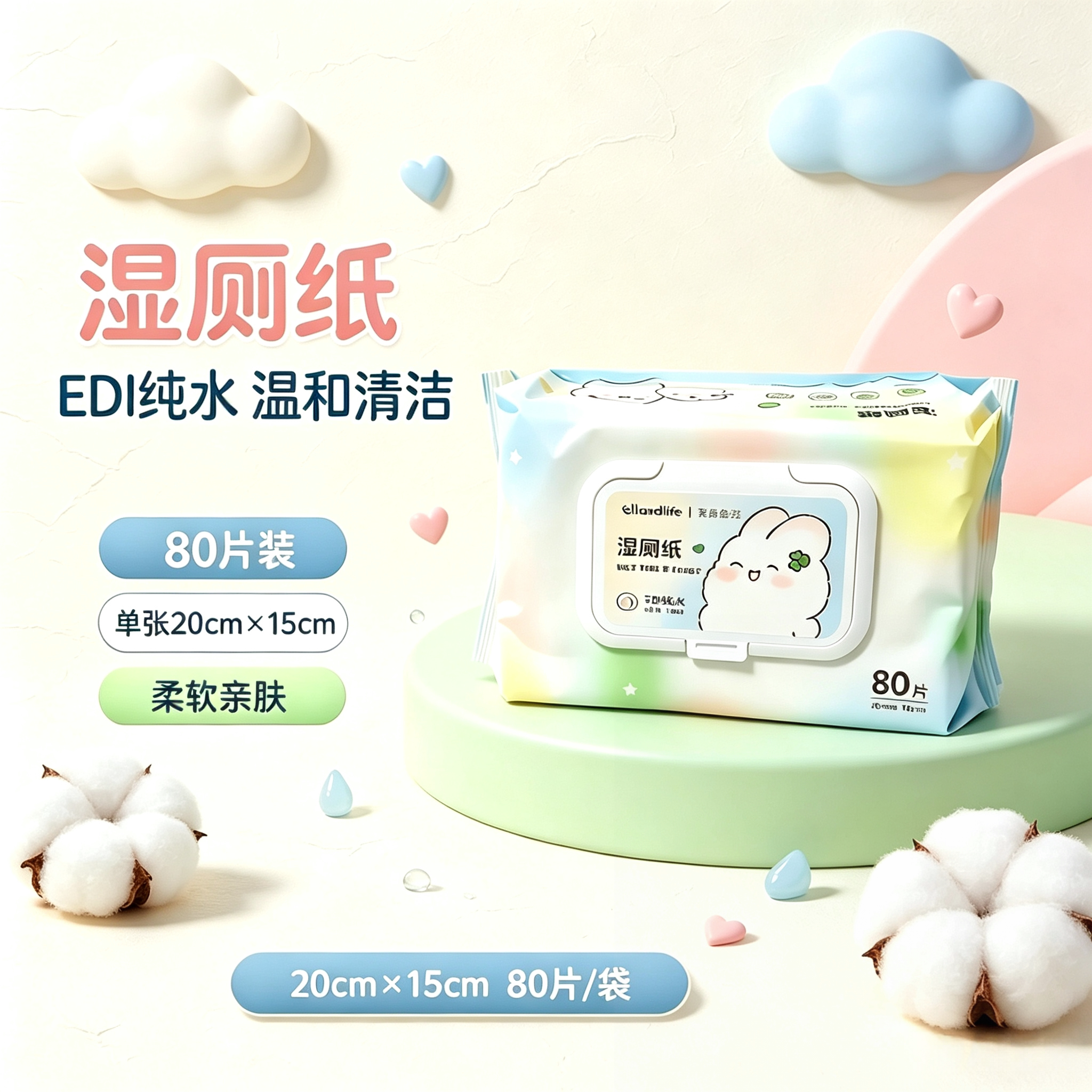 奥美湿厕纸男女性带盖EDI纯水湿巾80抽/袋擦屁屁私处清洁专用纸巾