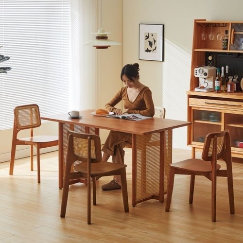 实木藤编椅简约家用靠背椅子书桌椅中古风凳子餐桌椅休闲胡桃木色