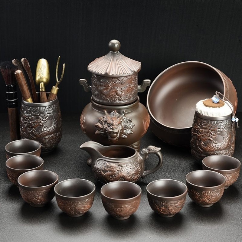 紫陶懒人茶具全套套装龙腾盛世高档茶壶茶杯整套家用石磨泡茶神器
