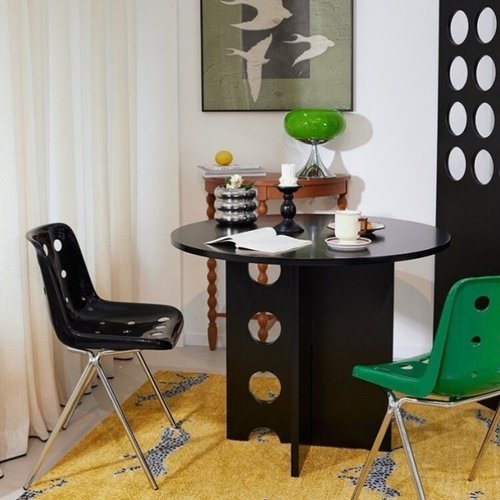 白色餐桌法式中古复古风家用圆形桌黑色桦木轻奢高端圆形实木餐桌