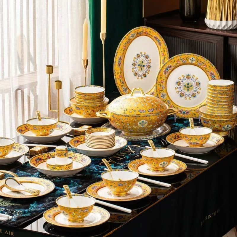 景德镇餐具全套套装珐琅彩中式高骨瓷宫廷风乔迁碗盘套装家用送礼