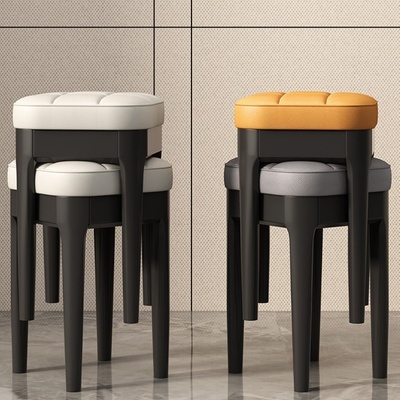 实木轻奢凳子家用时尚餐椅简约客厅餐厅皮革软包可叠放凳子圆凳