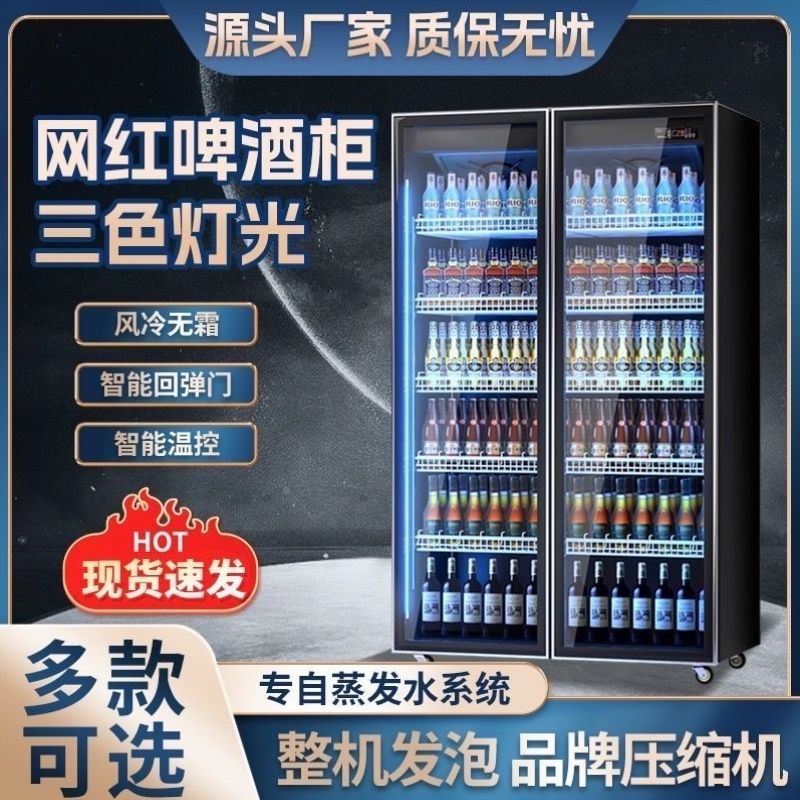 网红啤酒柜酒吧冷藏展示柜超市商用保鲜双开门立式全屏柜饮料柜