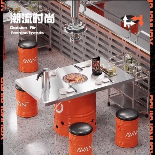 新款工业不锈钢火锅桌子油桶烤肉店无烟电磁炉韩式一体商用烧烤桌