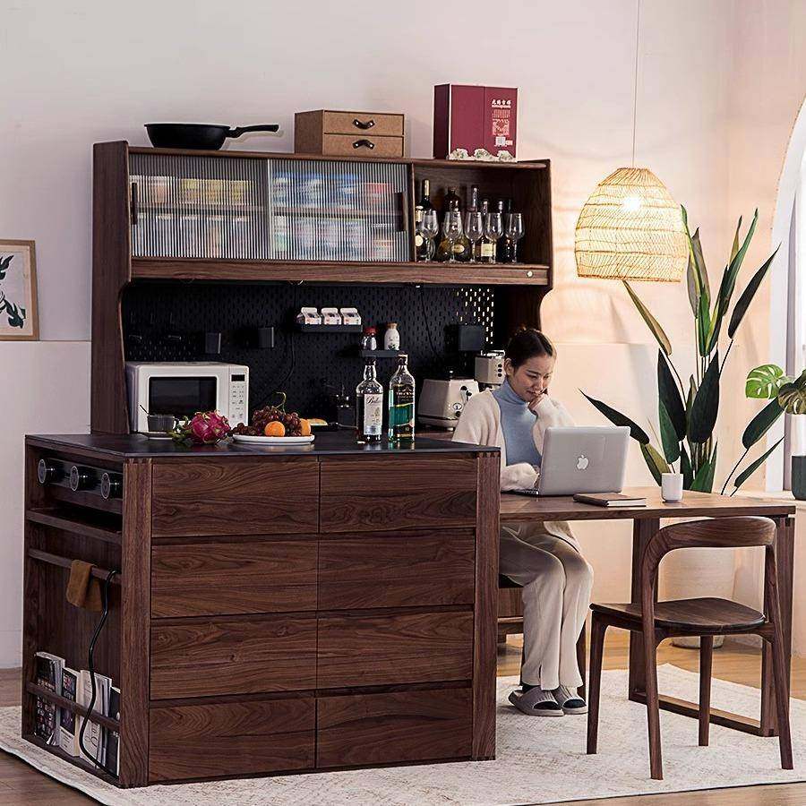 北欧黑胡桃木全实木岛台餐桌一体可伸缩日式樱桃木吧台单独电脑桌