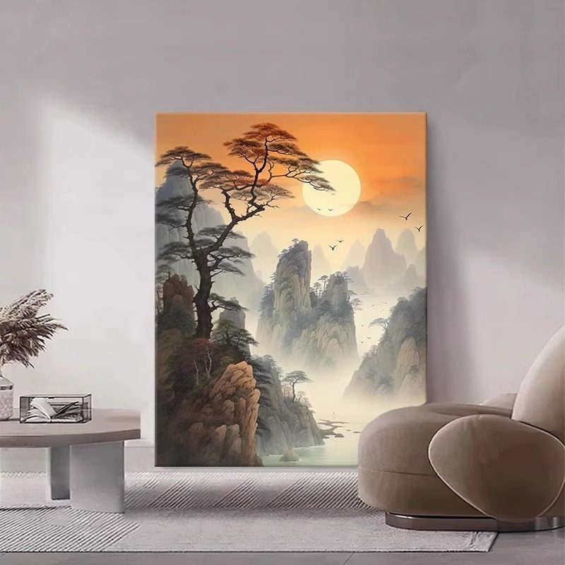 新中式日出东方客厅山水风景装饰画水墨抽象书房玄关旭日东升挂画