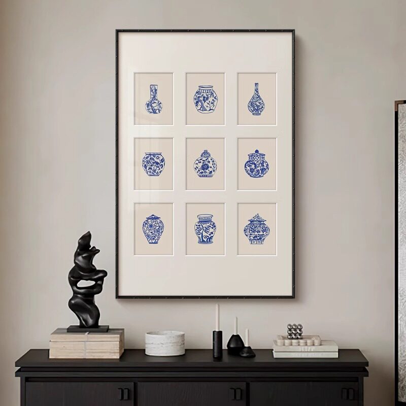 新中式青花瓷高级客厅沙发背景墙装饰画中式美学简约餐厅卧室挂画