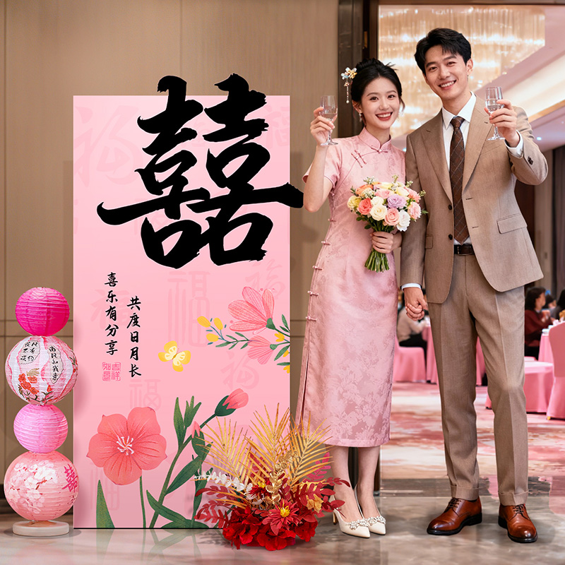 新中式女方结婚礼迎宾牌订婚宴酒店门口展示架回门宴kt板定制路引