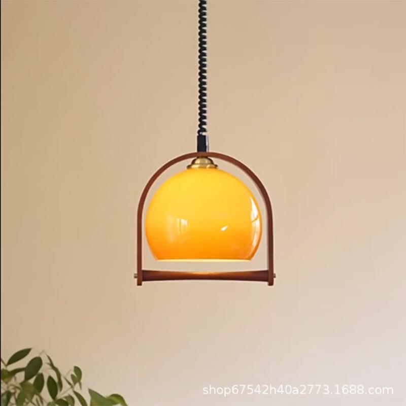 餐厅吊灯现代简约中古日式创意实木设计师可伸缩复古玻璃餐桌灯