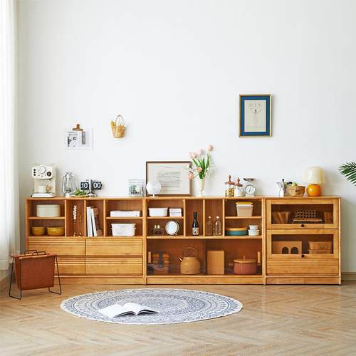 实木组合柜落地书柜家用客厅收纳柜多功能收纳柜轻奢带门矮柜