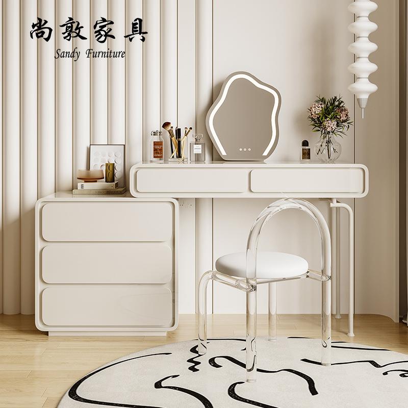 法式奶油风实木梳妆台卧室现代简约伸缩网红化妆柜斗柜一体化妆桌