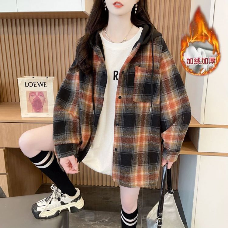 加绒加厚连帽格子衬衫女中长款开衫外套卫衣复古港味拼色宽松上衣