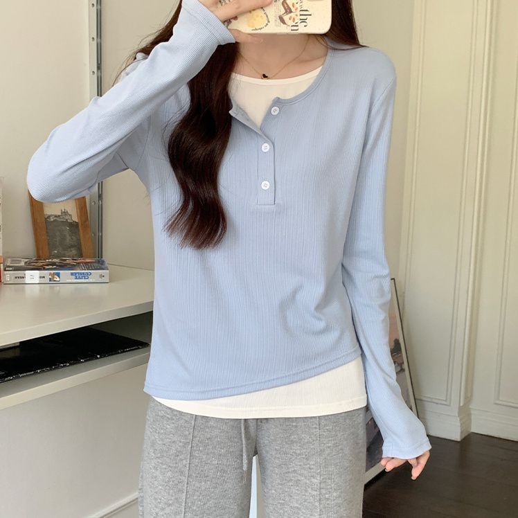 品牌大码胖mm女装显瘦百搭减龄长袖t恤秋冬韩版棉假两件打底衫上