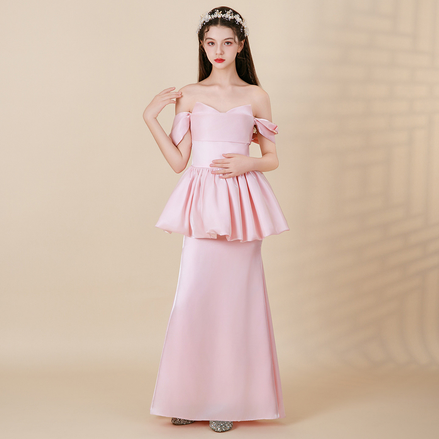 一字肩女童礼服高贵优雅粉色鱼尾在逃公主年会生日宴会儿童连衣裙