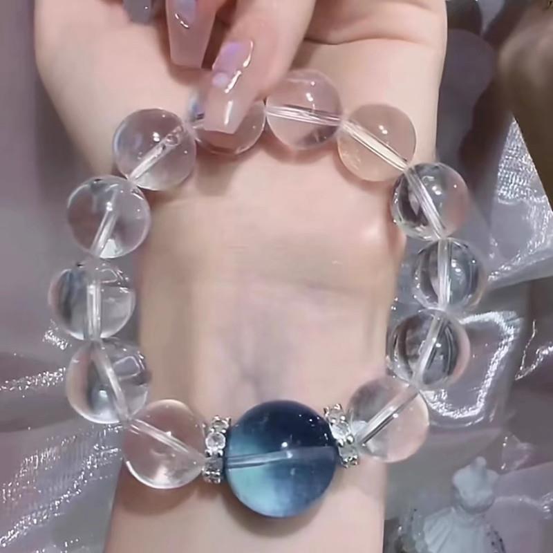 天然白水晶圆珠单圈手串搭配海蓝宝单珠手链女款饰品清新时尚