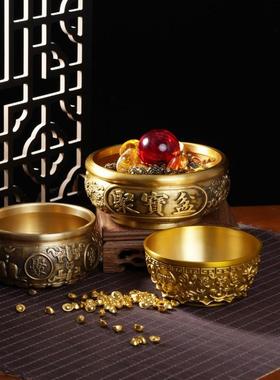 黄铜聚宝盆铜钱古典中式纯黄铜百福缸工艺品几何米缸古韵祥瑞铜艺