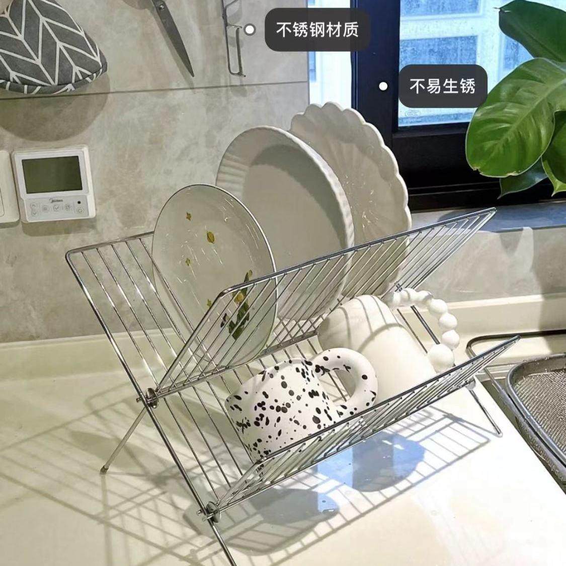 X型可折叠沥水碗架双层厨房沥水架台面式带接水盘厨房碗碟收纳架