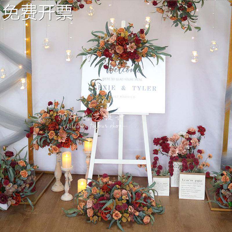 婚礼迎宾牌仿真复古花艺 婚庆道具花 酒店指示牌仿真植物办公文化