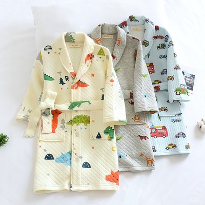 儿童春秋加厚纯棉空气层睡衣男童C三层夹棉睡袍全棉浴袍宝宝家居