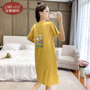 睡衣女款b夏季夏款纯棉短袖可爱卡通大码家居服睡裙夏天薄款可外